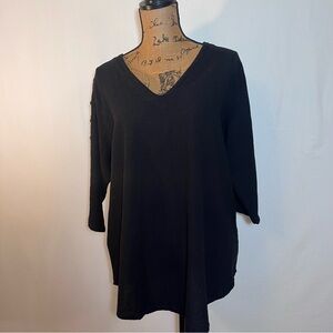 Drawstrings of Malibu Black Cotton V-Neck Top Cage Ladder Sleeve Detail Size L